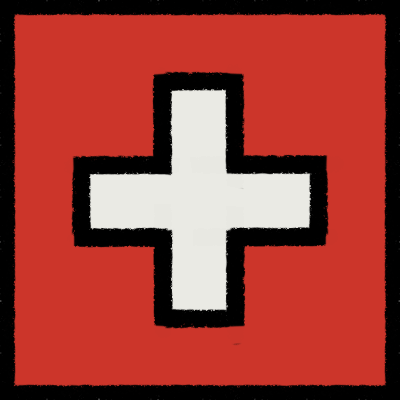 the flag of Switzerland, drawn with slighty rough black lineart. it's square, with a red field and small white cross.